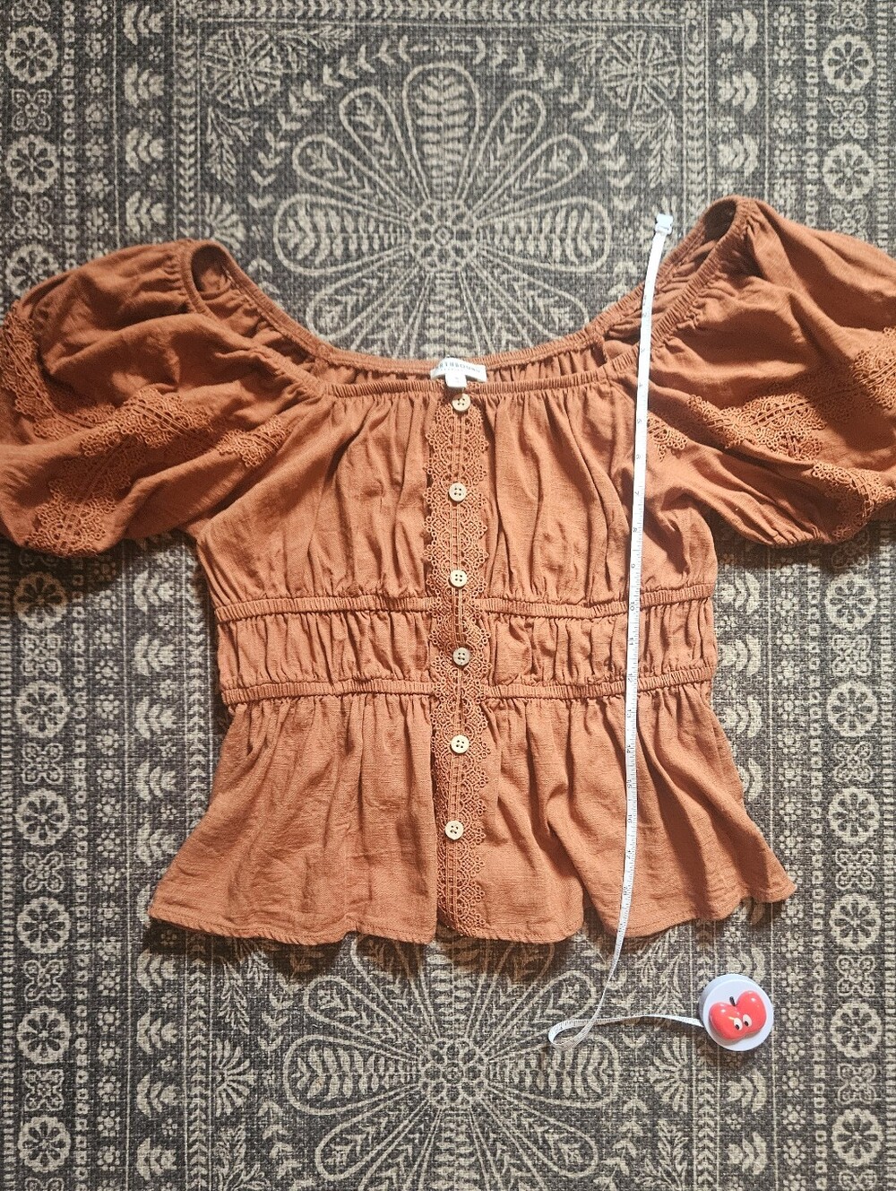 Rust Orange Puff-Sleeve Peplum Blouse Earthbound - Picture 4 of 7